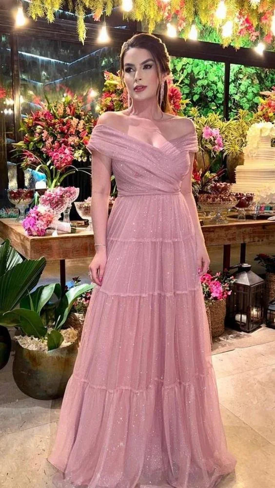 Vestido de noite cintilante com decote ombro a ombro e corte em linha A Vestido de gala Y6232