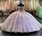Vestido de Bola com Flores 3D Lilás para Quinceanera, Mangas Compridas Bufantes Y6580