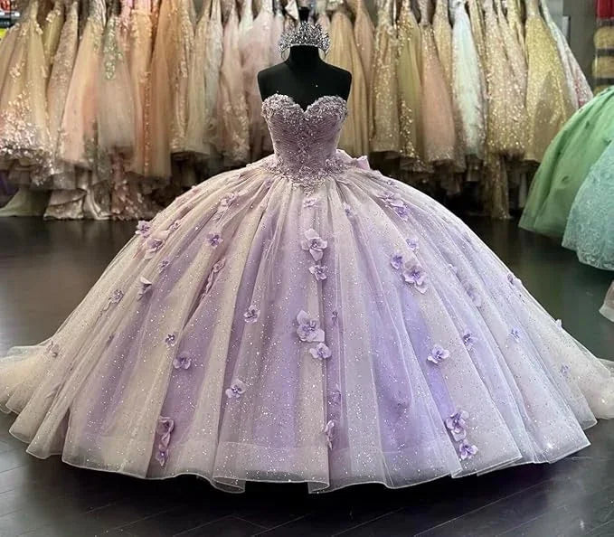 Vestido de Bola com Flores 3D Lilás para Quinceanera, Mangas Compridas Bufantes Y6580