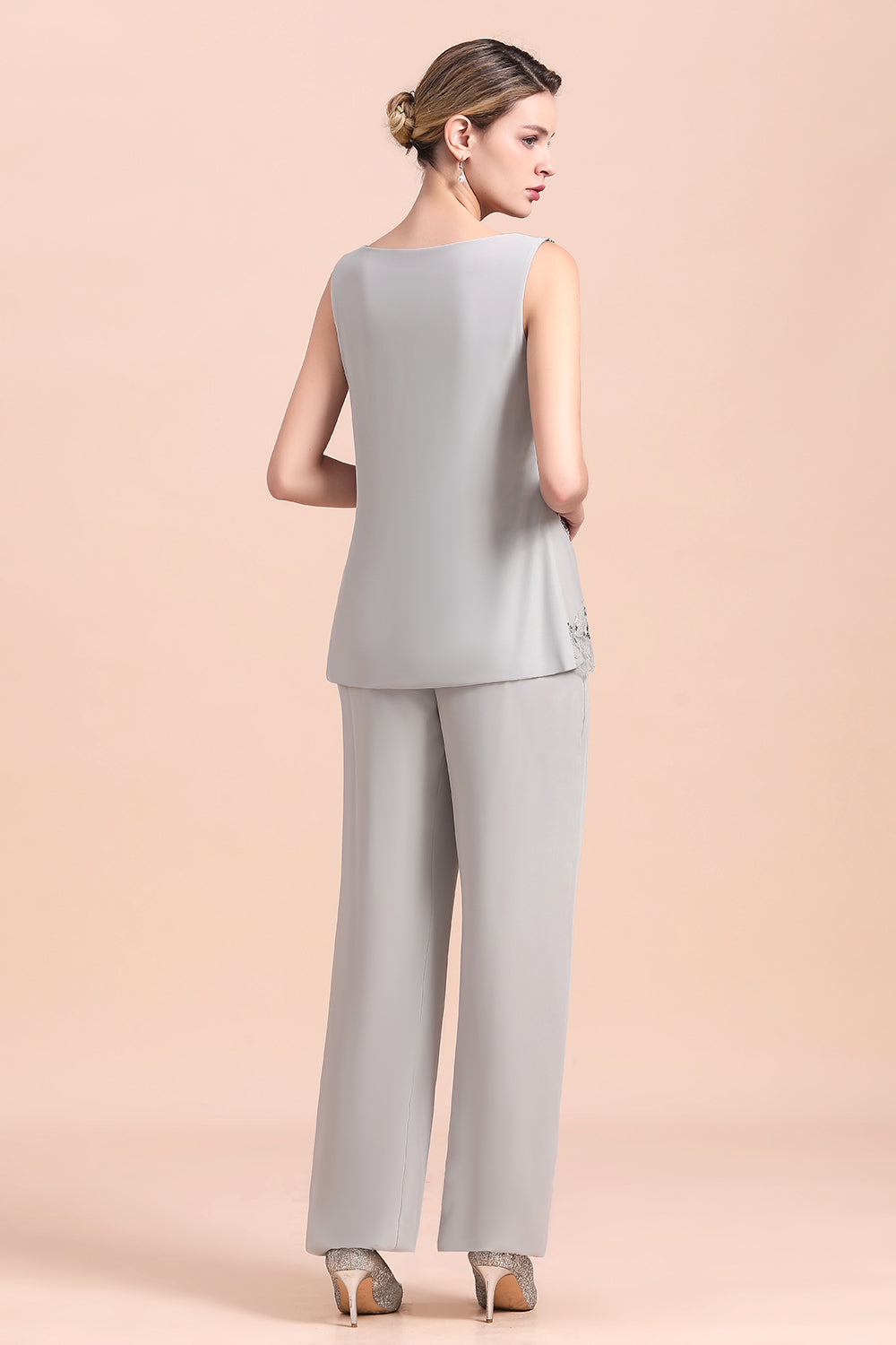BMbridal Elegant Sleeveless Appliques Silver Chiffon Mother of Bride Jumpsuit with Wrap