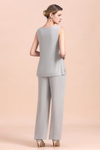 BMbridal Elegant Sleeveless Appliques Silver Chiffon Mother of Bride Jumpsuit with Wrap