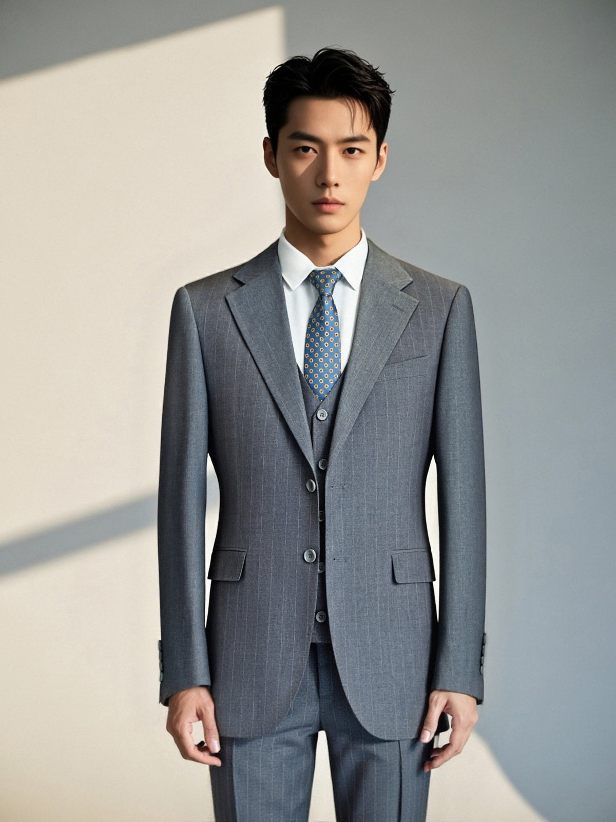 Three Piece Subtle Pinstripe Grey Wool Suit For Formal Groom And Business