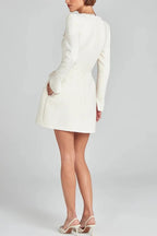 Vestido Mini com Tecido Tweed Feminino e Glamoroso, Aplicações de Pérolas, Manga com Fenda Longa e Bolsos