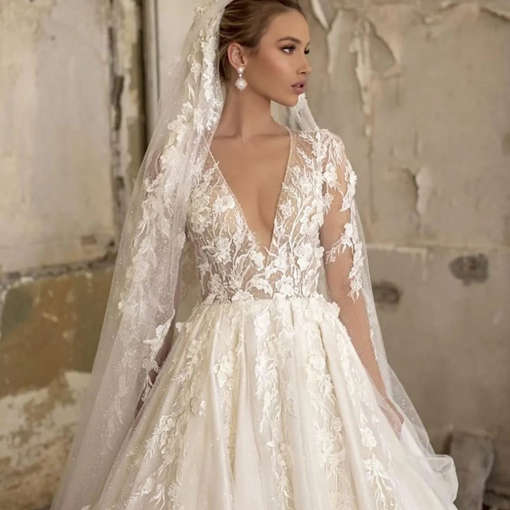 Chic Deep V Neck A Line Long Sleeves Wedding Dress With Tulle Lace Appliques
