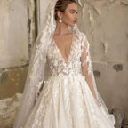 Chic Deep V Neck A Line Long Sleeves Wedding Dress With Tulle Lace Appliques