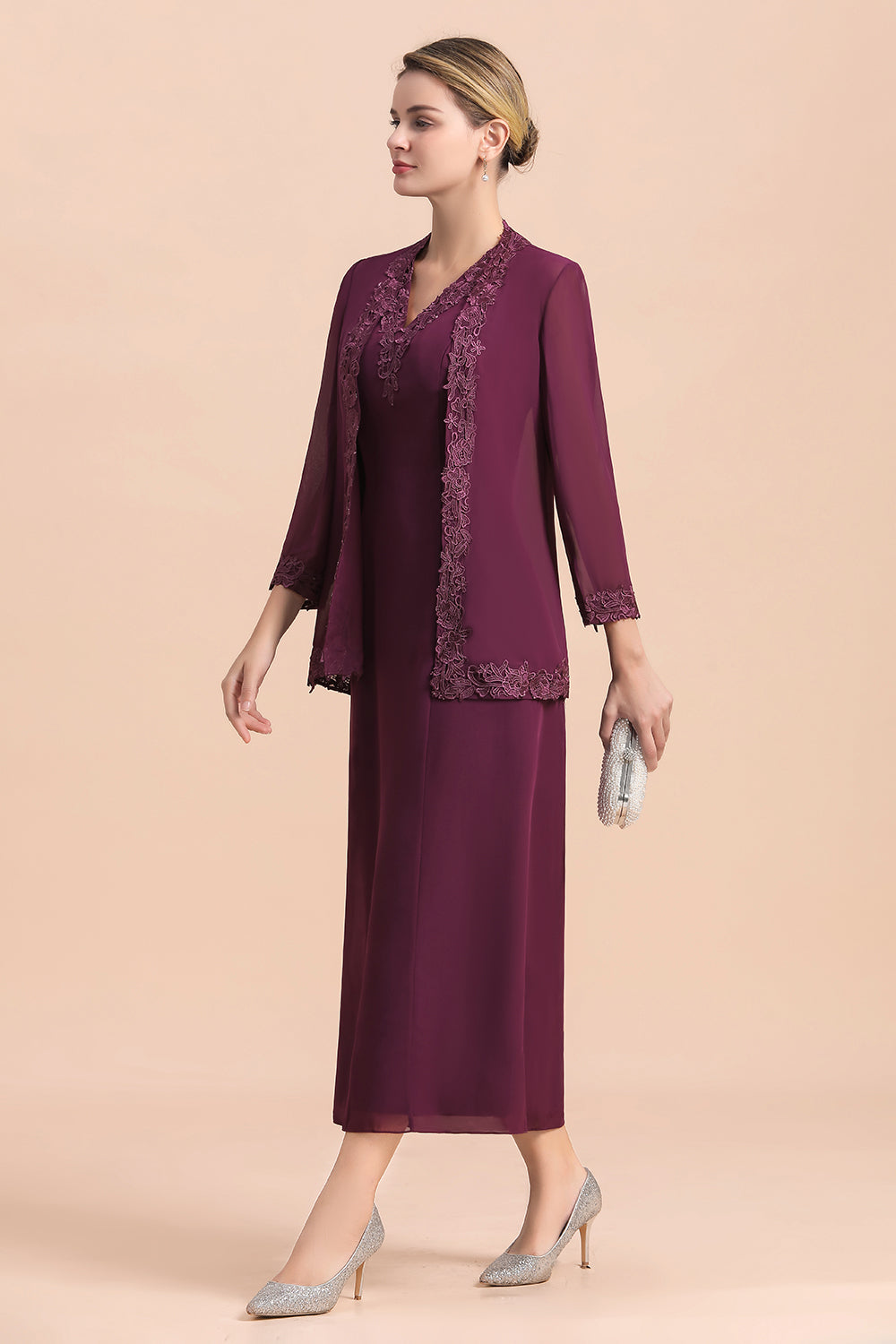 BMbridal Elegant V-Neck SLeeveless Apppliques Grape Mother of Bride Dress with Wraps