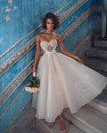 BMbridal Sequined Sweetheart Tea Length A Line Wedding Reception Dress Beaded