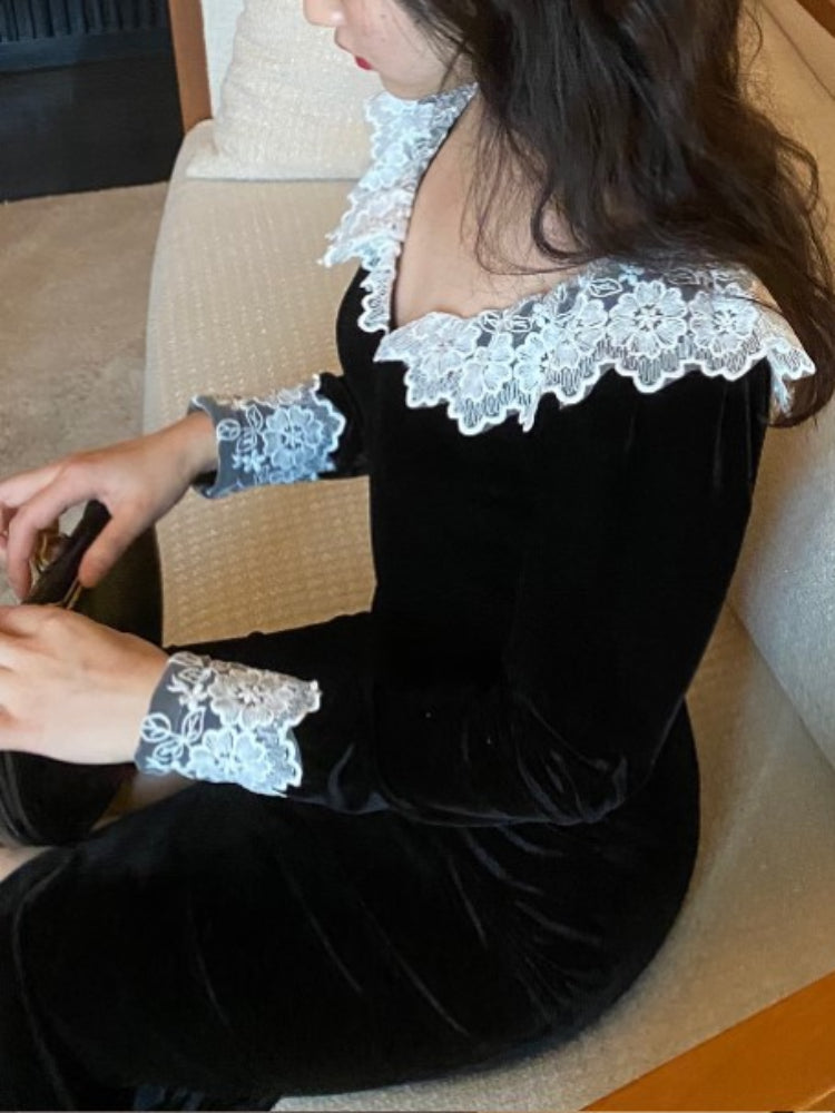 TARUXY Vestito Vintage con Merletto a Incastro Donna Nero di Carattere Abito Aderente Signorina Spacco Laterale Elegante da Festa Retro Abito da Sera Donna