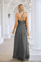 Vestido de Festa Comprido até ao Chão para Damas de Honra, em Chiffon, com Alças Finas, Decote em V e Fenda Frontal, para Baile, Festa e Casamento 28116