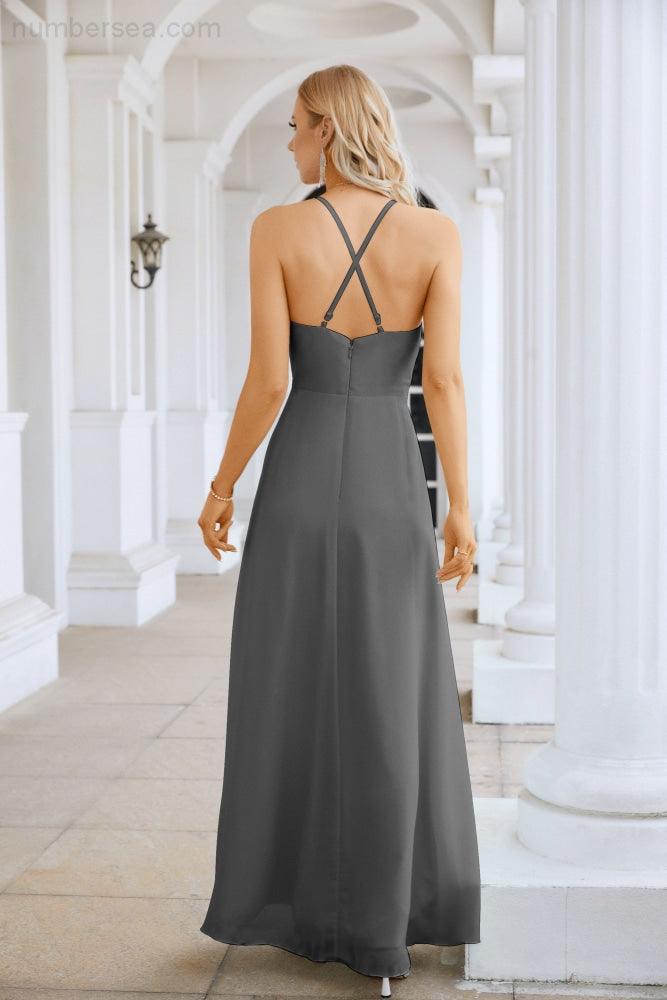 Vestido de Festa Comprido até ao Chão para Damas de Honra, em Chiffon, com Alças Finas, Decote em V e Fenda Frontal, para Baile, Festa e Casamento 28116