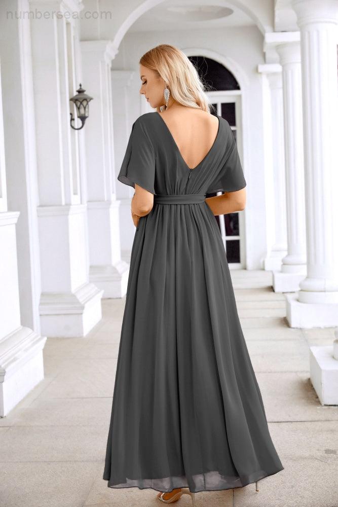 Robe de soirée longue jusqu'au sol pour demoiselle d'honneur, manches en mousseline, encolure ronde, fente avant, pour mariage et fête 28124