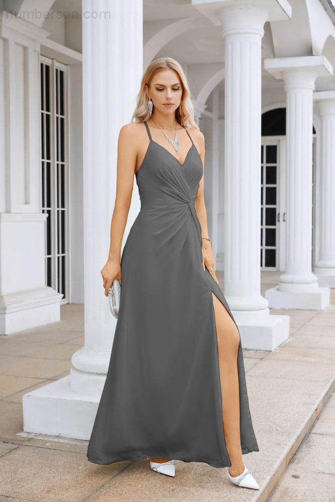 Vestido de Festa Comprido até ao Chão para Damas de Honra, em Chiffon, com Alças Finas, Decote em V e Fenda Frontal, para Baile, Festa e Casamento 28116