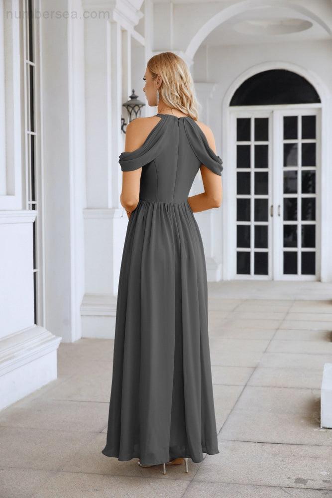 Abito da sera da damigella in chiffon con spalle scoperte, maniche a campana e spacco frontale, abito da festa nuziale 28117