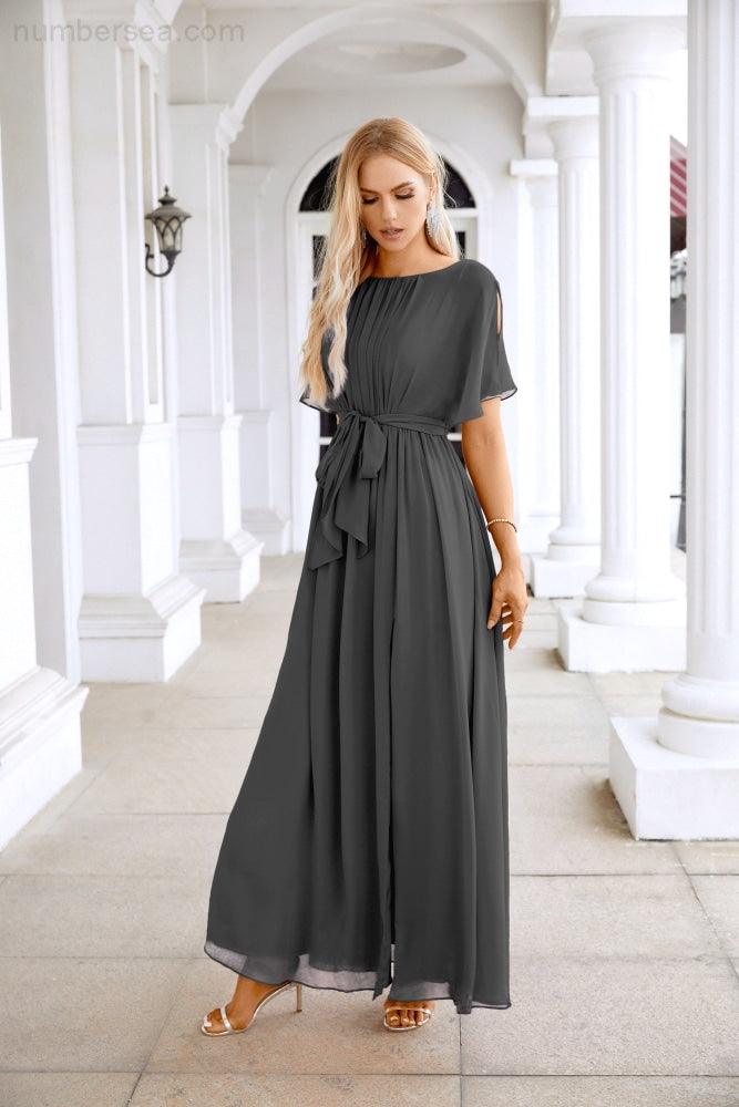 Robe de soirée longue jusqu'au sol pour demoiselle d'honneur, manches en mousseline, encolure ronde, fente avant, pour mariage et fête 28124