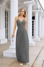 Vestido de Festa Comprido até ao Chão para Damas de Honra, em Chiffon, com Alças Finas, Decote em V e Fenda Frontal, para Baile, Festa e Casamento 28116
