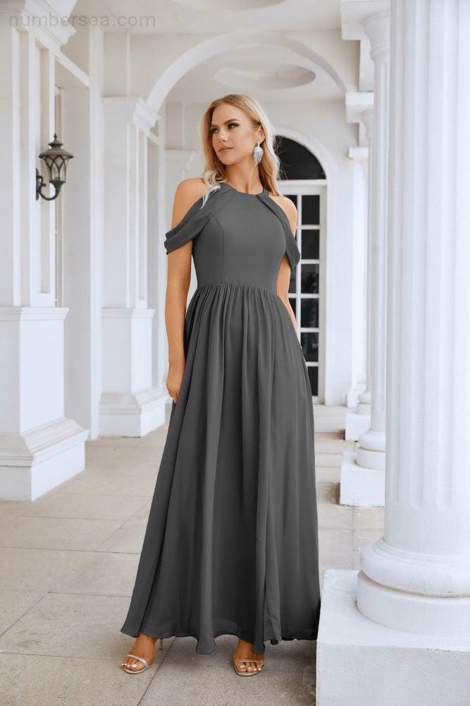 Abito da sera da damigella in chiffon con spalle scoperte, maniche a campana e spacco frontale, abito da festa nuziale 28117