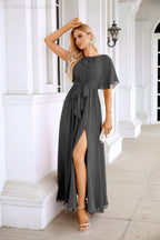 Robe de soirée longue jusqu'au sol pour demoiselle d'honneur, manches en mousseline, encolure ronde, fente avant, pour mariage et fête 28124