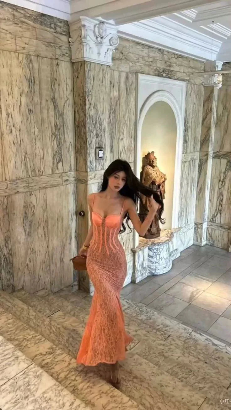 Vestido largo de noche sirena con encaje seductor Y7693