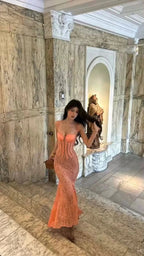 Vestido largo de noche sirena con encaje seductor Y7693
