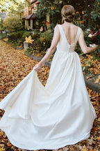 Satin Sleeveless V Neck Wedding Dress Elegant Bridal Gown