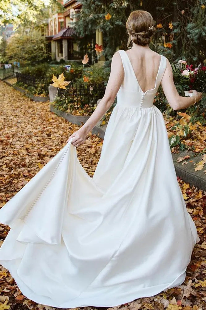 Satin Sleeveless V Neck Wedding Dress Elegant Bridal Gown