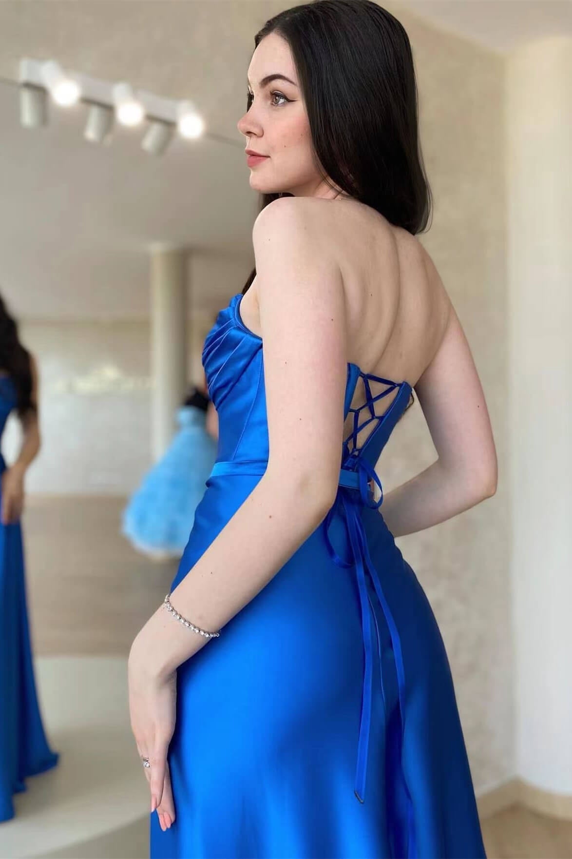 Robe de bal sans bretelles, dos ouvert, sans manches, fendue avec volant