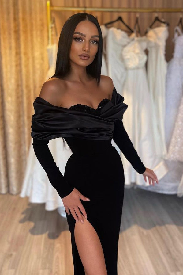 Abito da sera nero elegante a sirena senza spalline con maniche lunghe e spacco alla moda