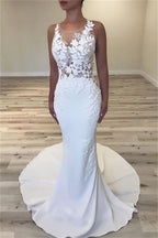 Sleeveless Long Mermaid Jewel Wedding Dress With Lace Appliques