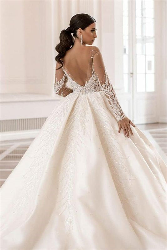 Bateau Neckline Long Sleeves Ball Gown Wedding Dress With Applique