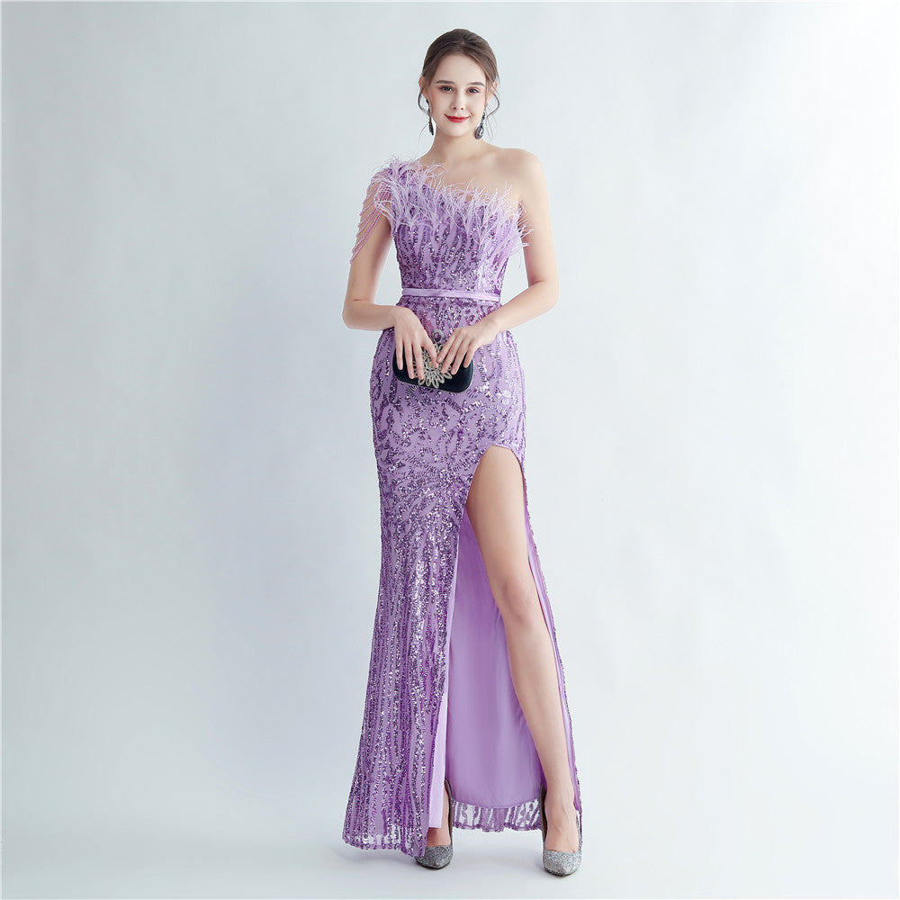 Vestido de noite com contas artesanais de cabelo de avestruz da indústria pesada com fenda lateral