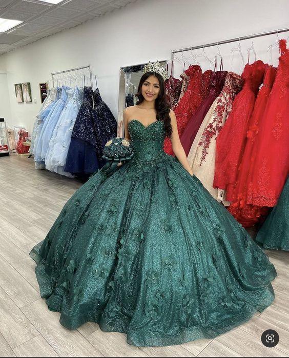 Vestido Adulto Romântico Verde Escuro com Decote Coração, Corpete de Renda Aplicada, Vestido de Baile com Decote Coração Y289