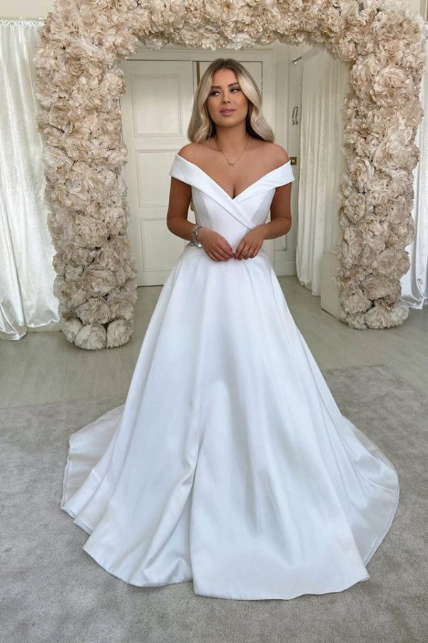 Gorgeous Satin Long A Line Off The Shoulder Wedding Dress
