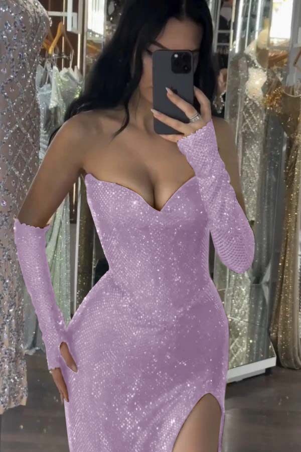 Sequin Strapless Long Mermaid Prom Dress With Split Detachable Sleeves