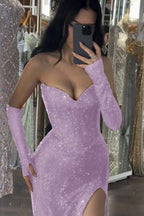 Sequin Strapless Long Mermaid Prom Dress With Split Detachable Sleeves