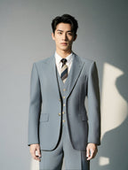 Three Piece Light Grey Wool Suit With Tailored Blazer Waistcoat And Trousers
