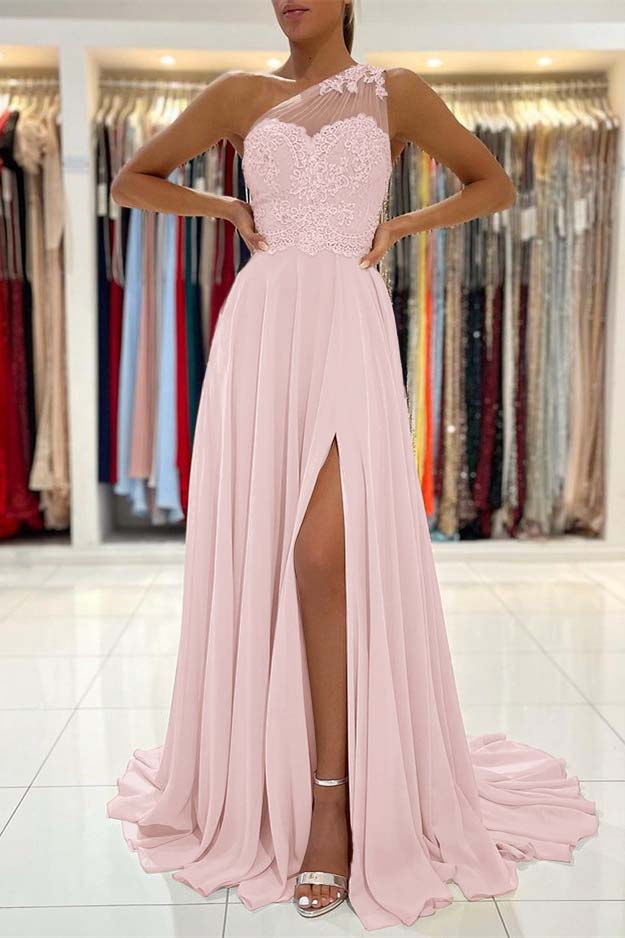 Custom One Shoulder Prom Dress With Lace Appliques And Front Split