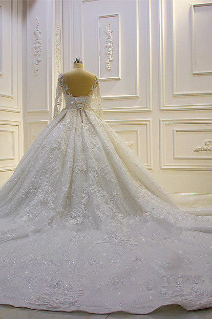 Luxury Ball Gown Bridal Dress With Lace Appliques Beading Long Sleeves Ruffles
