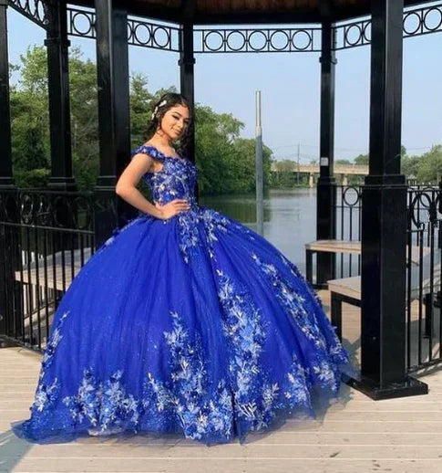 Vestidos de Baile Azul Real com Saia Rodada para Quinceanera, Flores 3D, Decote Coração, Doce 15 e 16 Anos, Vestidos para Baile de Finalistas Y2821
