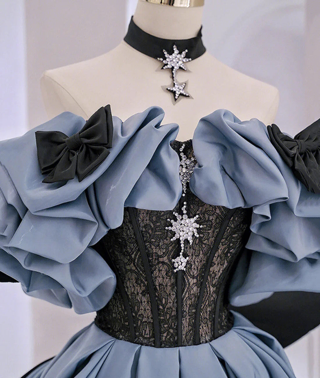 Robe de bal longue en satin et dentelle à épaules dénudées, robe de soirée bleue Y2619