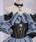 Robe de bal longue en satin et dentelle à épaules dénudées, robe de soirée bleue Y2619
