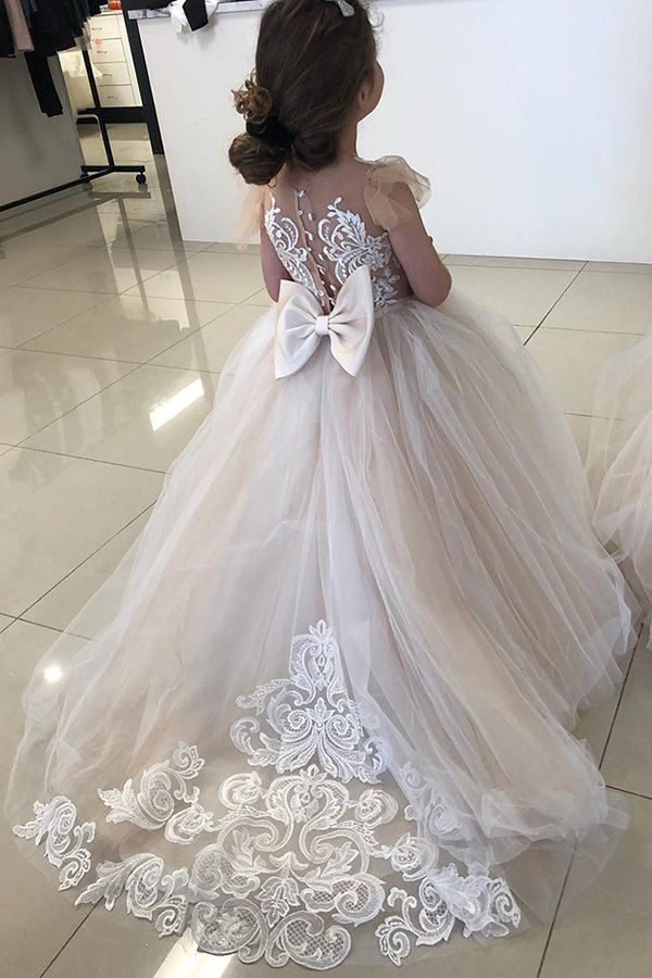 Princess Tulle Flower Girl Dress With Bowknot Lace Embellishment