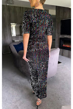 Vestido Maxi de Festa com Fendas e Mangas de Sino de Lantejoulas que Brilham a Noite Toda