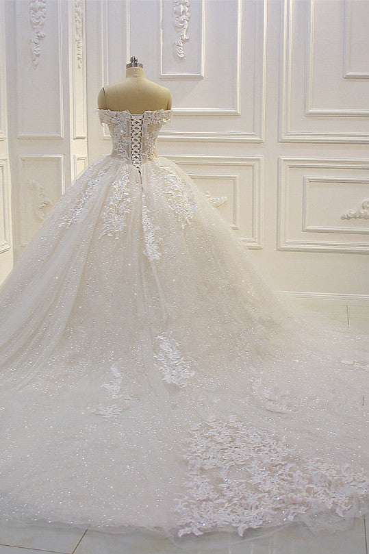 Chic Sequin Off The Shoulder Sweetheart Ball Gown Wedding Dress Appliques Lace