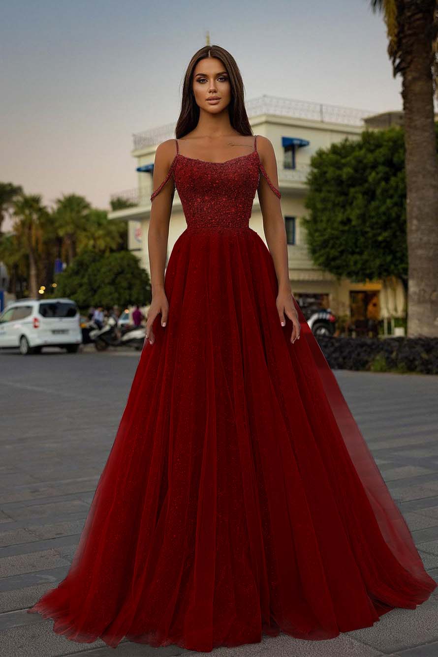 Tulle Spaghetti Strap Sleeveless A Line Prom Dress With Sequins Beads