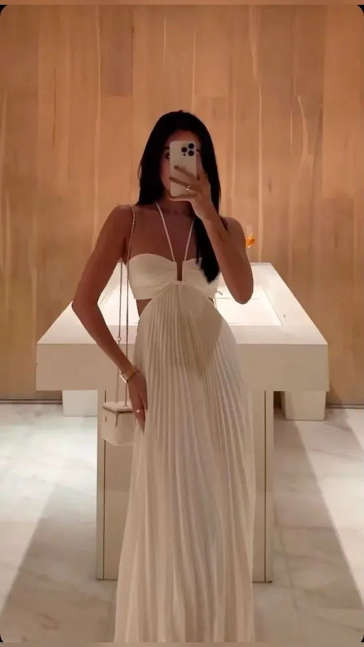 Vestido largo blanco plisado para fiesta y noche Y7601