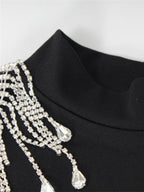 Vestidos de noche midi con mangas largas, espalda ajustada, cruzados, aberturas laterales, borlas y cuello alto 