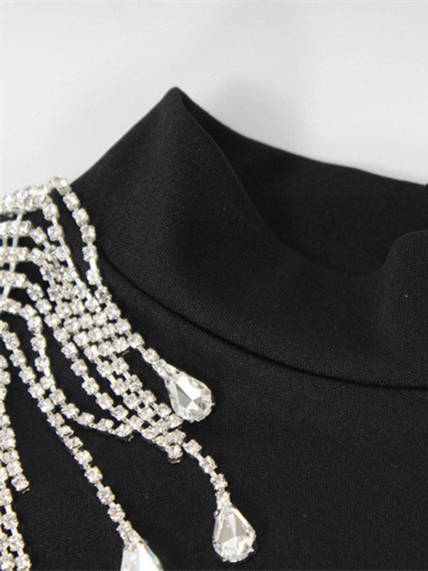 Vestidos de noche midi con mangas largas, espalda ajustada, cruzados, aberturas laterales, borlas y cuello alto 
