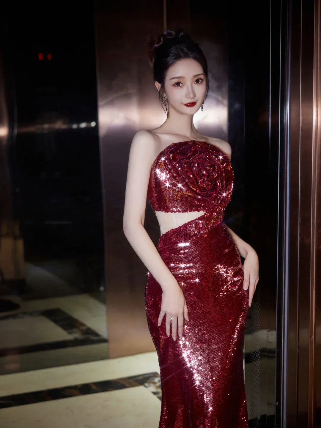Burgundy Strapless Sequin Rose Flowers Prom Dress Mermaid Long Evening Dress Y8595