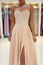 Custom One Shoulder Prom Dress With Lace Appliques And Front Split
