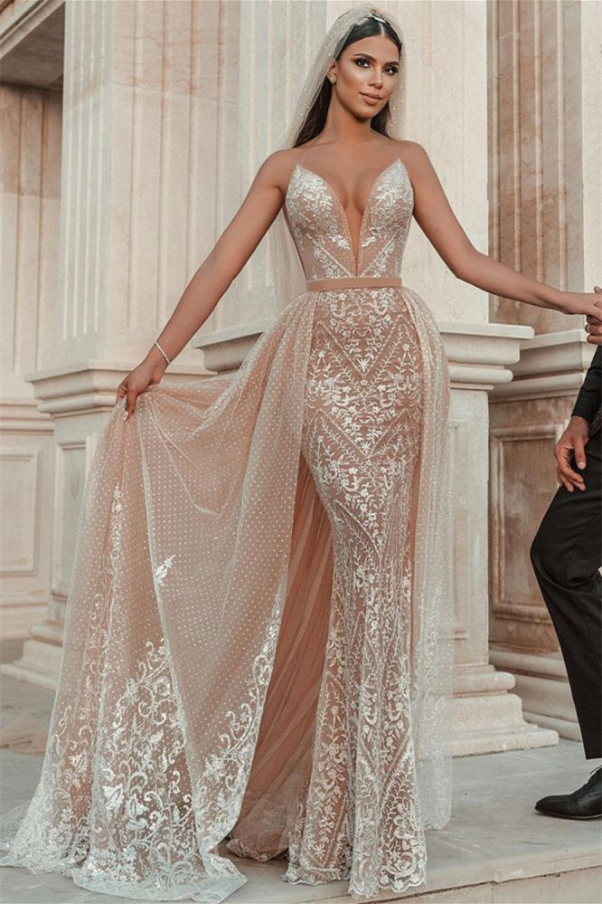 Spaghetti Strap Mermaid Wedding Dress With Applique Ruffles